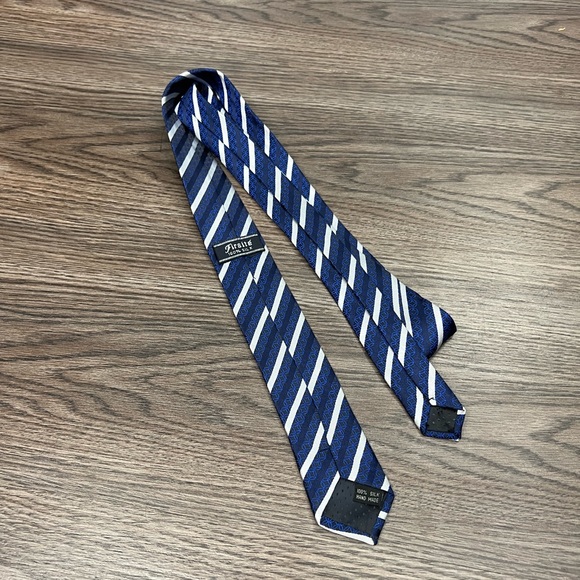Firsite Blue, Navy & White Stripe Skinny Silk Tie - Picture 2 of 5